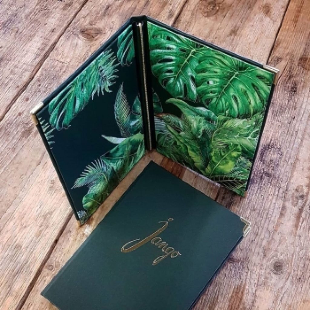 UV printed menu card bound in textile cover material Buckram Premium